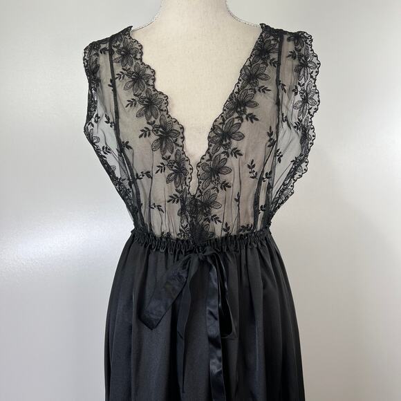 Vintage 70s Lily Of France Maxi Negligee Night Gown Black Bridal Lingerie - Picture 4 of 8